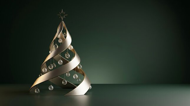 Abstract spiral sculpture made of metallic silver ribbons and small decorative spheres on a dark background