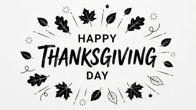 Decorative happy thanksgiving day typography design with black autumn leaves and botanical elements on a white background