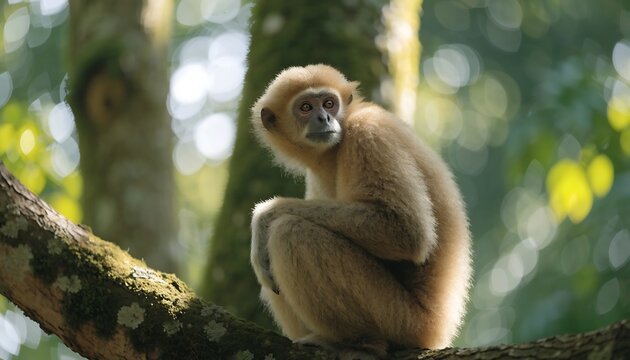 A small monkey sitting on a tree branch in a sunny tropical forest