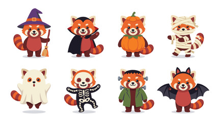 Obraz premium Cute Red Panda in Halloween Costume Cartoon Flat Vector Illustration Set