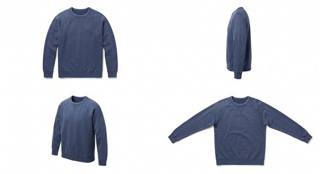 Classic French Terry Loopback Crewneck Sweatshirt in Washed Navy Isolated on White Background 4 Different Angles