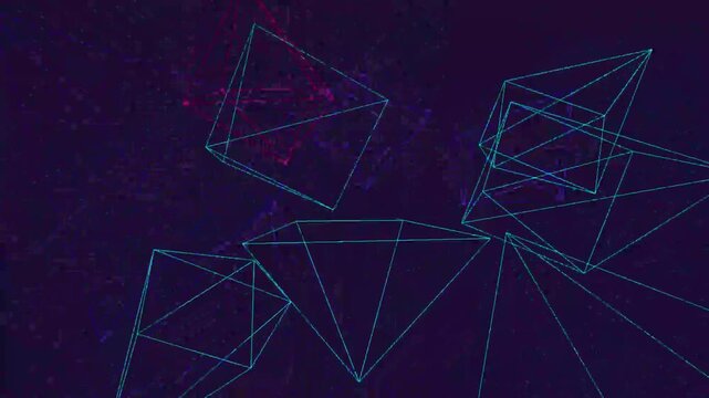 Neon wireframe geometric shapes rotate and shift against a dark digital background with glitch effects.