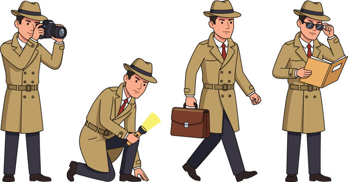 Male Detective and Private Investigator Character Vector Set with Camera Flashlight Briefcase and Secret Folder Poses for Mystery Crime Designs