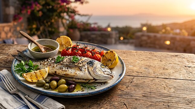 Grilled sea bream fish with lemon and tomatoes on a rustic wooden table