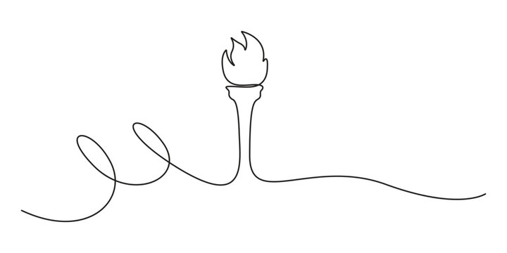 Torch continuous line art vector illustration for leadership, victory, and sports designs. Minimalist single line drawing of a flaming torch for victory logos, sports, and UI branding.