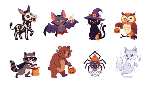 Halloween Animal Mascot Cartoon Flat Vector Illustration Set with Cute Characters in Costumes