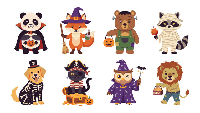 Halloween Animal Mascot Cartoon Flat Vector Illustration Set