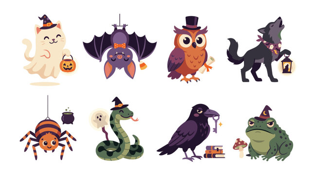 Cute Ghost Cat Halloween Mascot Cartoon Flat Vector Illustration Set