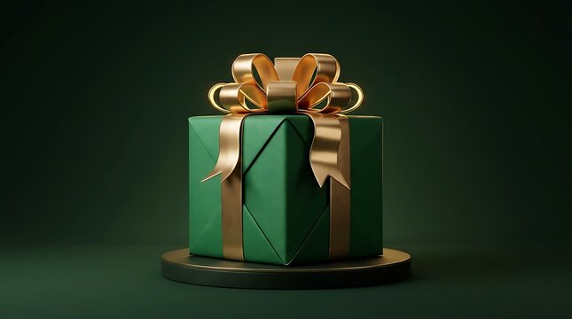 Elegant emerald green gift box with a shiny metallic gold ribbon bow isolated on dark background