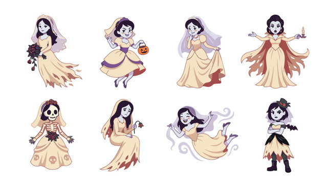 Ghost Bride Cartoon Character in Flat Vector Halloween Illustration