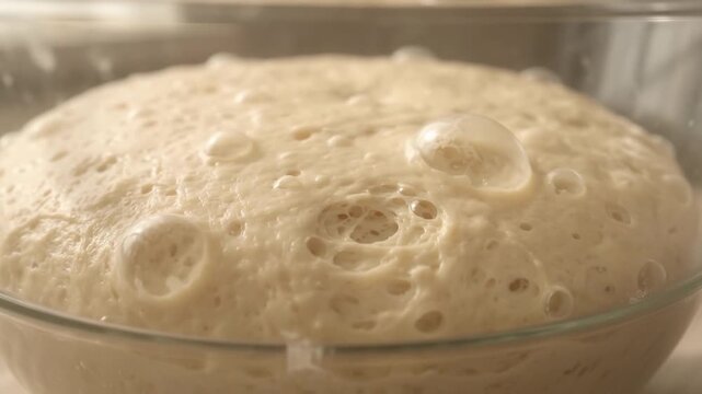 Captivating close-up of active bread dough rising vigorously in a clear glass bowl, showcasing the intricate bubbly texture during the essential fermentation process, preparing it for a perfect bake
