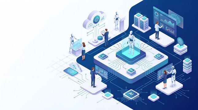 Isometric Artificial Intelligence and Robotic Process Automation Concept with Digital Data Analysis