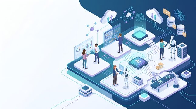 Isometric Artificial Intelligence Concept with Professionals and Robots Analyzing Big Data and Automation