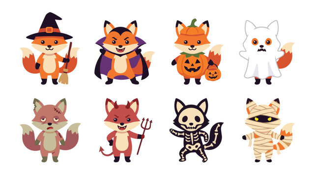 Cute Cartoon Fox in Halloween Costume Flat Vector Illustration Set