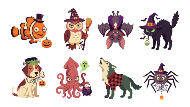 Halloween Animal Mascot Cartoon Flat Vector Illustration Set