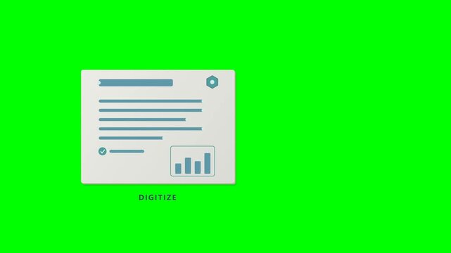A dimensional 2.5D document transforms from physical paperwork into a digital information card, generating connected data elements to represent digitization, paperless workflow, document automation
