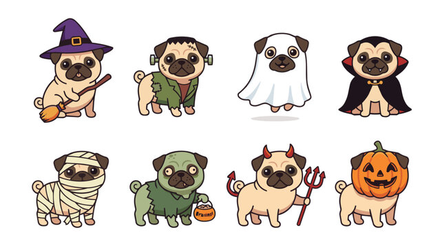 Halloween Animal Mascot Cartoon Flat Vector Illustration Set with Cute Characters and Holiday Theme