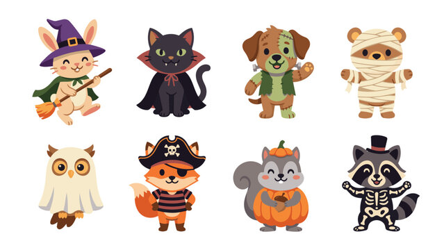 Halloween Animal Mascot Cartoon Flat Vector Illustration Set