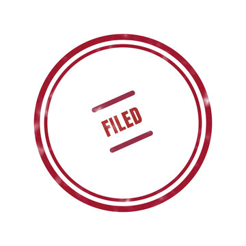 Red circular filed stamp with bold text
