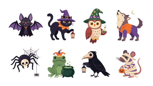 Halloween Animal Mascot Cartoon Flat Vector Illustration Set
