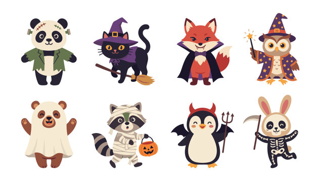 Halloween Animal Mascot Cartoon Flat Vector Illustration Set
