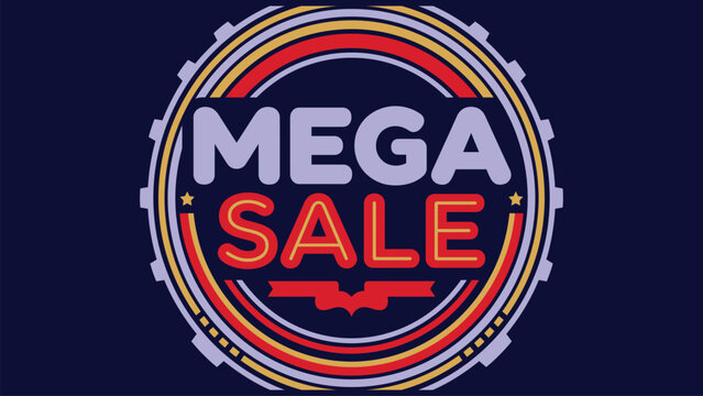 Bright and colorful mega sale banner with a dynamic circular design on a dark background