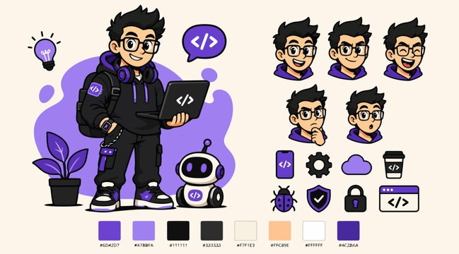 Cartoon Developer Character with Coding Tools and Icons.