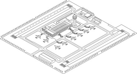 Fototapeta premium Isometric Airport Hub Map Layout Vector Set with Main Terminal Building Control Tower Airplane Runways Jet Bridges and Apron Parking Outlines