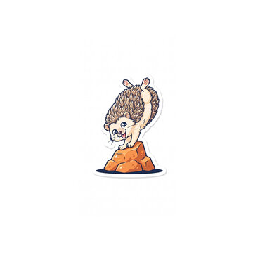 Mini hedgehog on a rock Illustration of cute mini hedgehog stickers with cheerful faces that are doing handstand poses or standing with their hands on a pile of orange rocks on a plain white backgroun