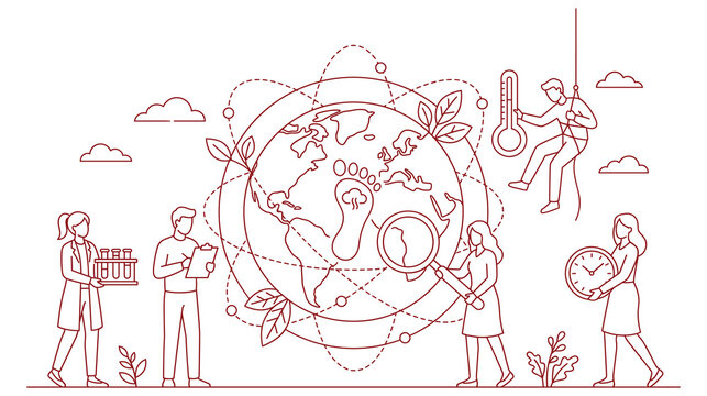 Global environmental climate research illustration with scientists and analytical markers.