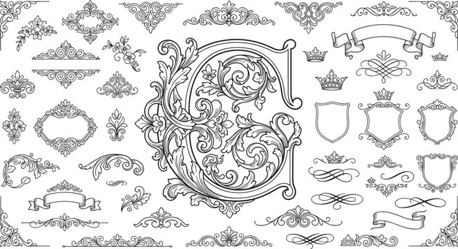 Ornate baroque initial letter C typography bundle featuring vintage filigree flourishes heraldic crowns shields and ribbons vector set