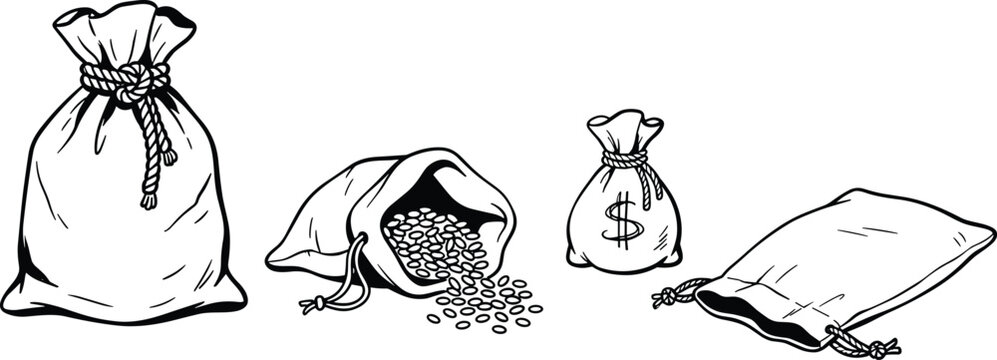 Vintage Fabric Sack and Money Bag Vector Set with Hand Drawn Grain Pouch Dollar Sign Cash and Empty Burlap Bags Outline Clipart