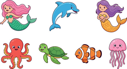 Obraz premium Cute Mermaid Vector Illustration Set with Dolphin Octopus Sea Turtle Clownfish and Jellyfish Elements for Kids Undersea Fantasy Graphic Designs