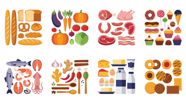 Variety of assorted food products and fresh ingredients for balanced nutrition diet plan.