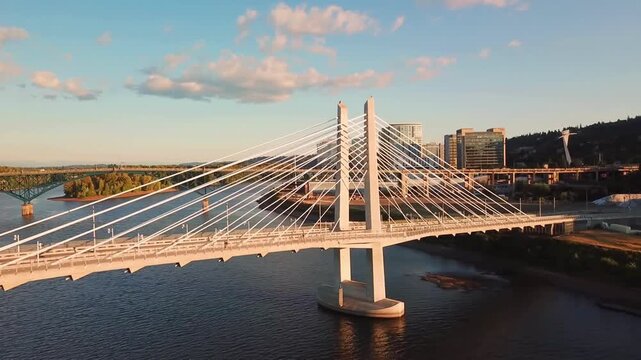 Aerial View of Modern Bridge Architecture Spanning Waterway with Geometric Structural Design