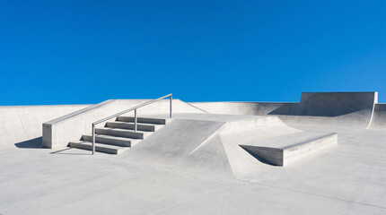 Obraz premium A pristine, modern concrete skatepark featuring stairs, handrails, and ramps under a vivid clear blue sky. Ideal for urban lifestyle and extreme sports content.