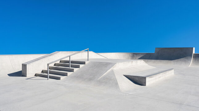 A pristine, modern concrete skatepark featuring stairs, handrails, and ramps under a vivid clear blue sky. Ideal for urban lifestyle and extreme sports content.