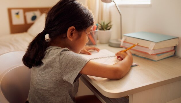 Young elementary school student solving homework problems, writing in a notebook at a compact study table.