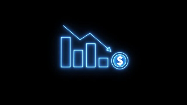 Neon financial bar chart with downward trend arrow and dollar sign for economic crisis and market loss concept
