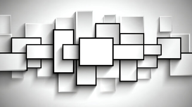 Abstract overlapping white squares and rectangles on a light gray background with geometric patt