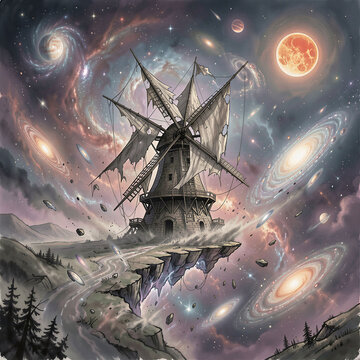 Illustration of a  vast, ancient windmill, its sails long since broken, stands precariously on the edge of a rift in spacetime