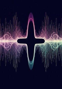 Rhythmic digital waveform visualization with a smooth interruption creating a conceptual void. Abstract energy flow and minimal silence concept, gradient, data, signal