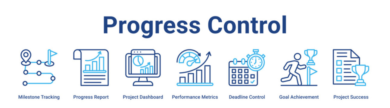 Progress Control web banner icon vector illustration concept for business with icon of Milestone Tracking, Progress Report, Project Dashboard, Performance Metrics, Deadline Control, Goal Achievement.