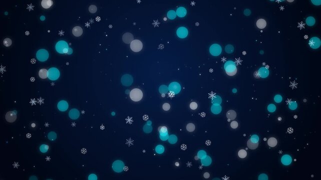 Seamless loop of a winter festive background featuring falling snowflakes, glowing bokeh, and magical glittering particles over a deep blue gradient. Perfect for Christmas, New Year, and holiday celeb