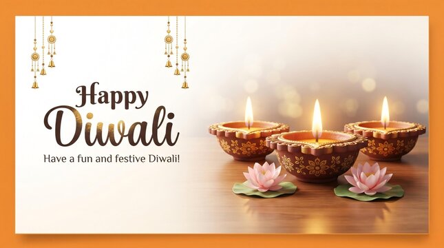 Happy Diwali Banner with Three Clay Diyas and Pink Lotus Flowers on Wooden Table