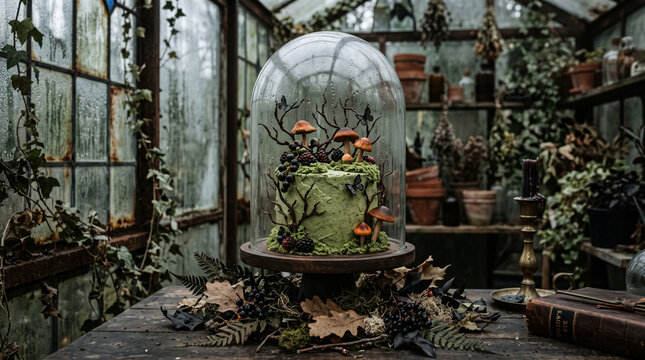Haunted greenhouse cake decoration, mysteriou Halloween theme 
