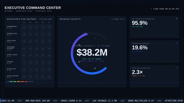 A dark-mode executive command center showcasing revenue, workforce risk, and strategic KPIs with animated visualizations and a modern, sleek design in 4K resolution.