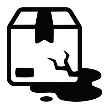 Damaged shipment icon representing a broken cardboard box with liquid leaking from inside, perfect for logistics, e-commerce delivery issues, insurance claims, and shipping damage concepts.