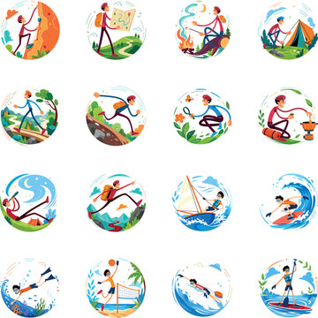 Flat illustrations featuring hiking, camping, navigation, ocean sports, beach recreation, paddling, swimming, outdoor exploration. 

