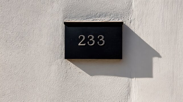 Modern house number Black rectangular house number plaque displaying "233" mounted on a textured white wall with a sharp shadow.